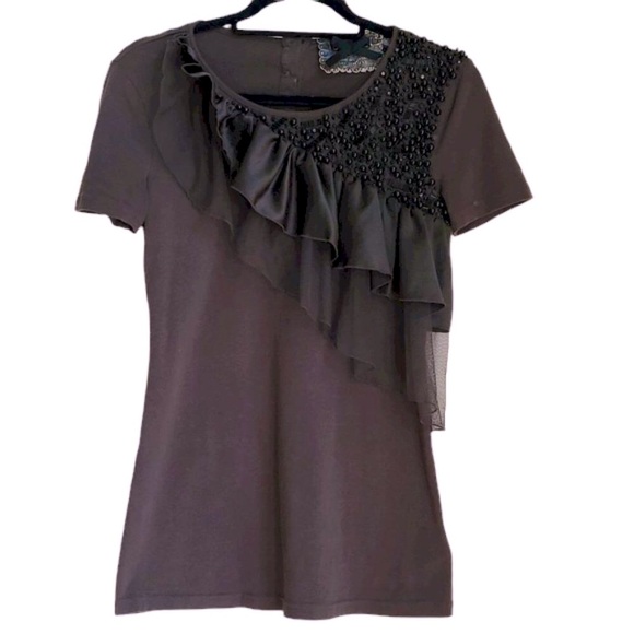 Twelve by Twelve Los Angeles Dark Brown Short Sleeve Ruffle & Beaded Top - Picture 1 of 7
